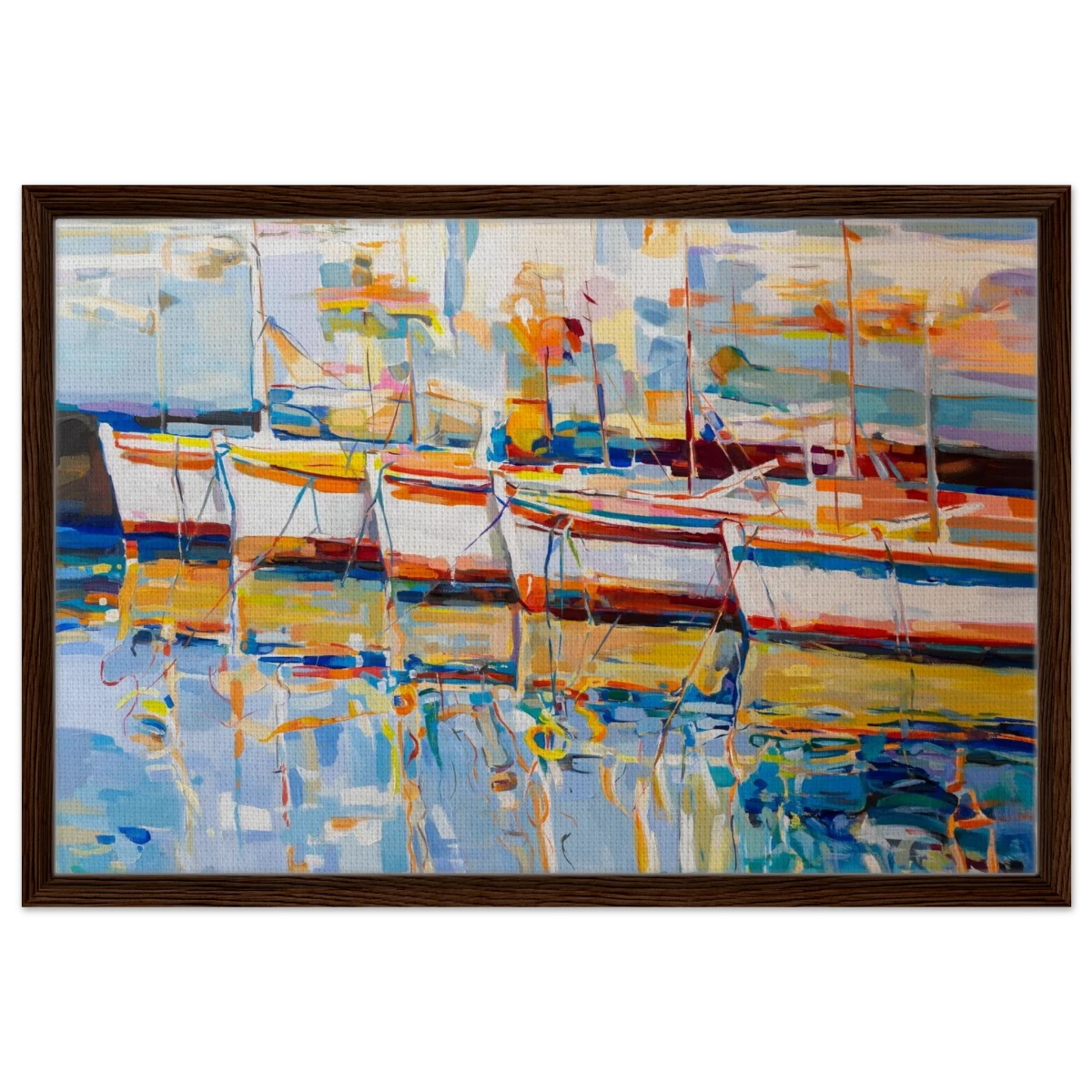 “Symphony of Sails” – Vibrant Reflections in a Seaside Dream | Wall art - Framed Canvas - 50x75 cm / 20x30″ - Dark wood frame