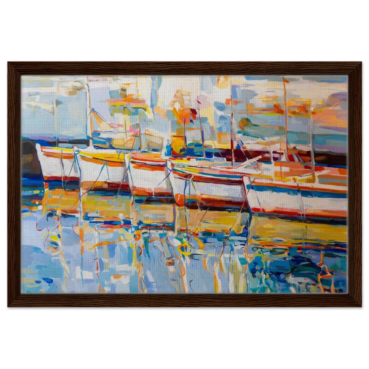 “Symphony of Sails” – Vibrant Reflections in a Seaside Dream | Wall art - Framed Canvas - 40x60 cm / 16x24″ - Dark wood frame