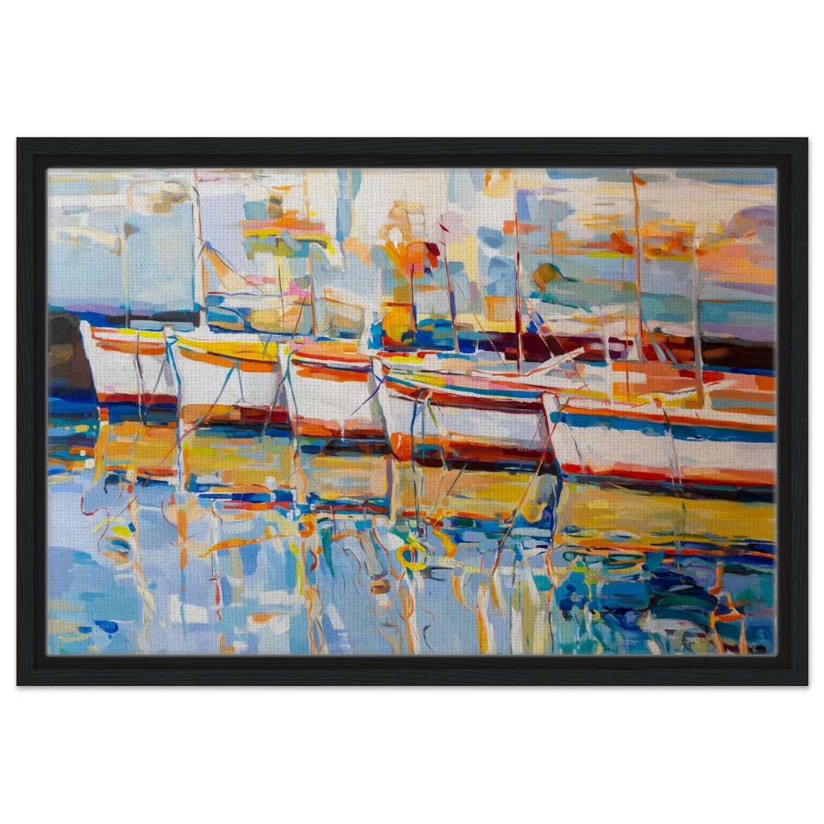 “Symphony of Sails” – Vibrant Reflections in a Seaside Dream | Wall art - Framed Canvas - 40x60 cm / 16x24″ - Black frame