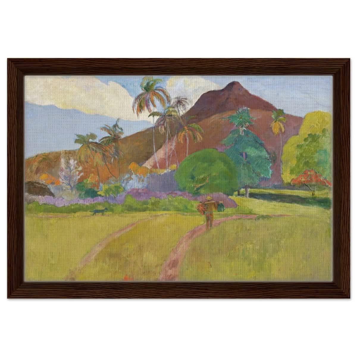 Tahitian Landscape (1891) by Paul Gauguin | Vintage Nature wall art print - Framed Canvas - 30x45 cm / 12x18″ - Dark wood frame
