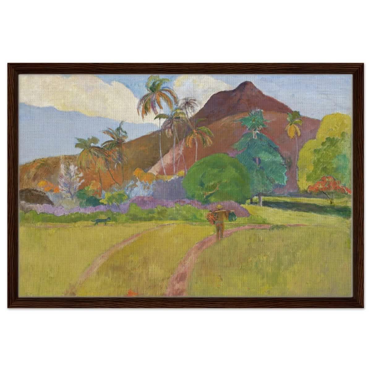 Tahitian Landscape (1891) by Paul Gauguin | Vintage Nature wall art print - Framed Canvas - 50x75 cm / 20x30″ - Dark wood frame