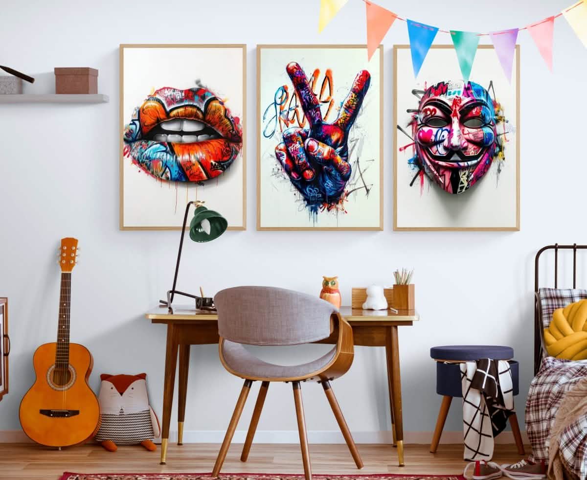 Teen's Room Trio Set | Graffiti Pop Art Wall Art Print - Framed Canvas - 30X45 CM / 12X18″ - Wood frame