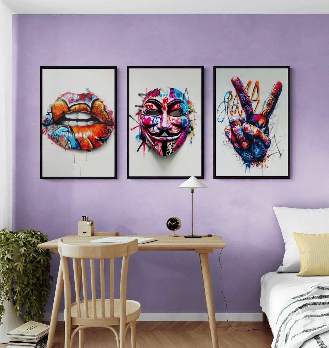 Teen's Room Trio Set | Graffiti Pop Art Wall Art Print - Framed Canvas - 30X45 CM / 12X18″ - Black frame