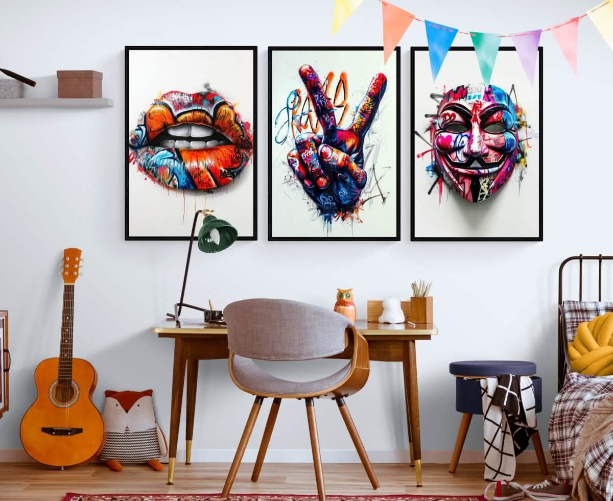 Teen's Room Trio Set | Graffiti Pop Art Wall Art Print - Framed Canvas - 30X45 CM / 12X18″ - Black frame