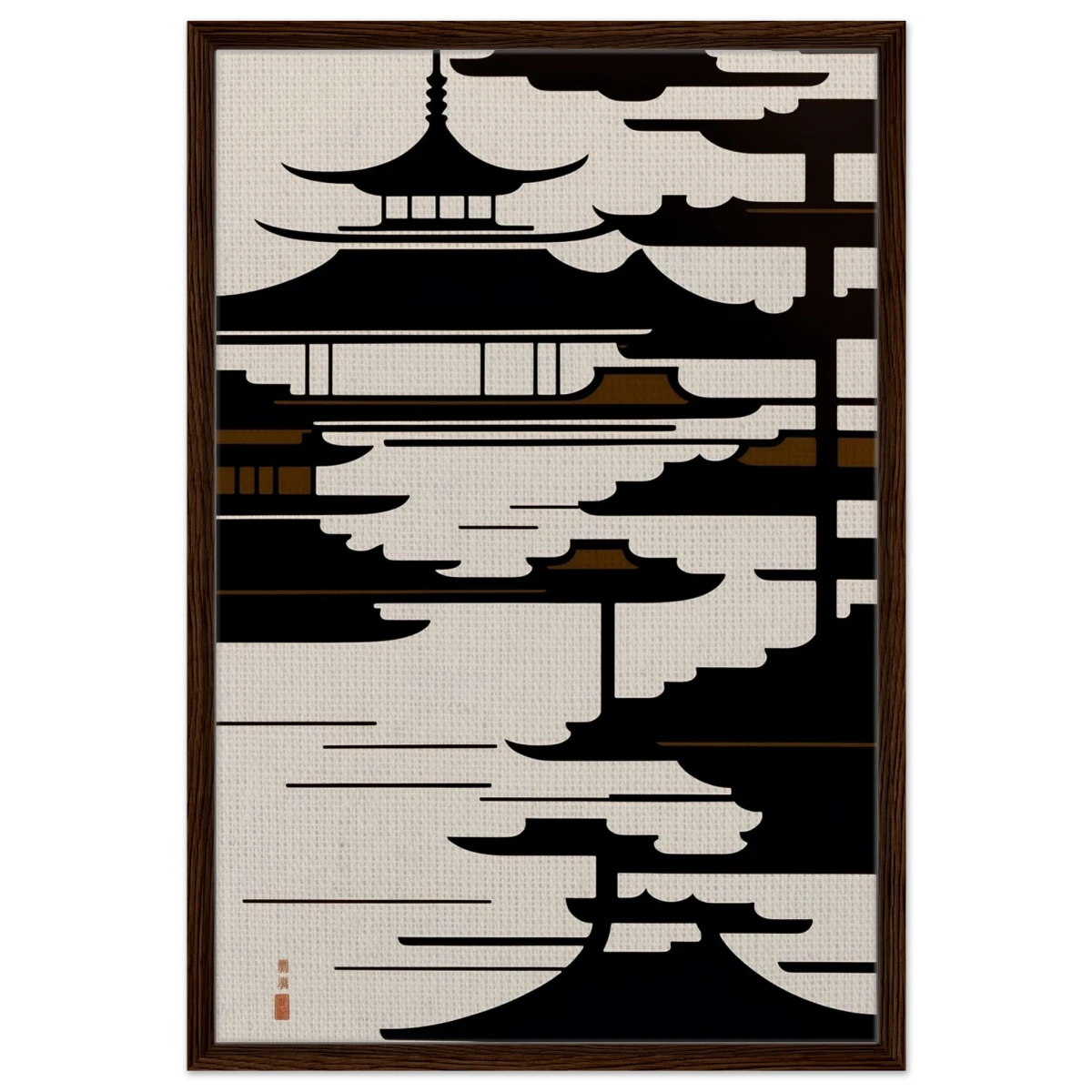 Temple in the Mist | Minimalist Japanese - inspired Wall art Print - Framed Canvas - 60x90 cm / 24x36″ - Dark wood frame