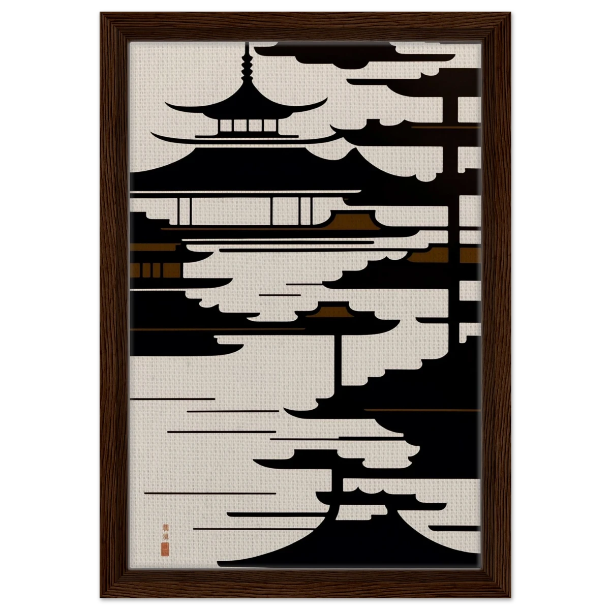 Temple in the Mist | Minimalist Japanese - inspired Wall art Print - Framed Canvas - 30x45 cm / 12x18″ - Dark wood frame