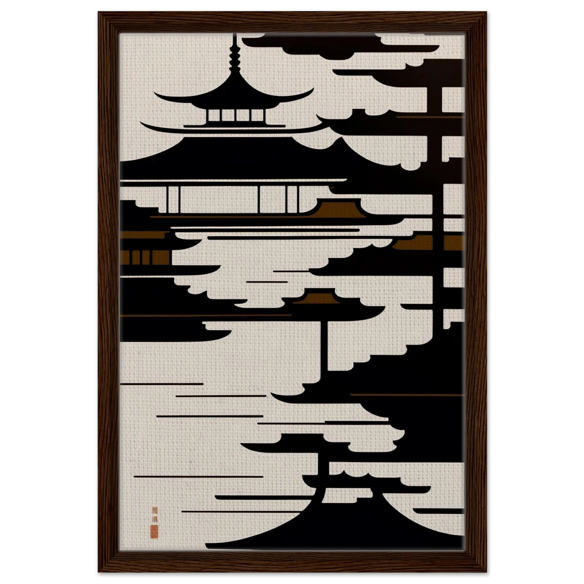 Temple in the Mist | Minimalist Japanese - inspired Wall art Print - Framed Canvas - 40x60 cm / 16x24″ - Dark wood frame