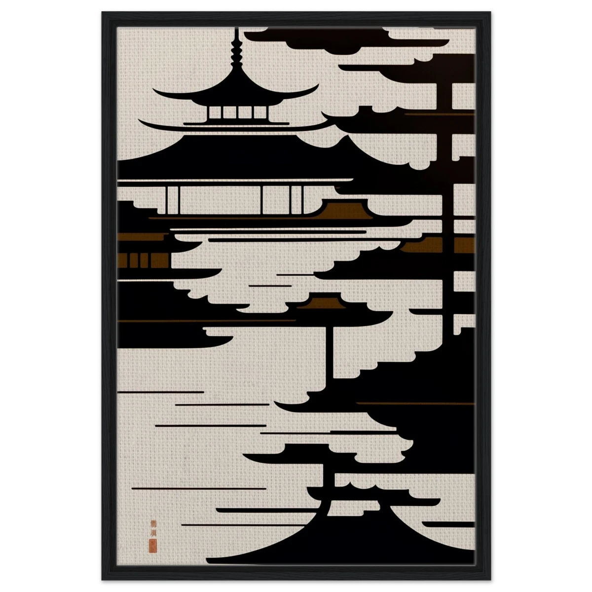 Temple in the Mist | Minimalist Japanese - inspired Wall art Print - Framed Canvas - 60x90 cm / 24x36″ - Black frame