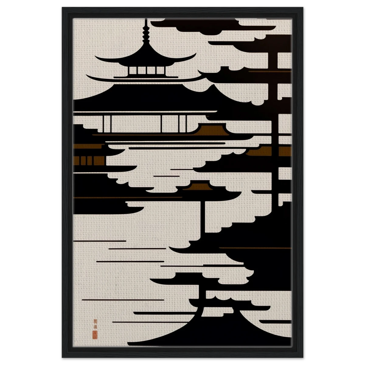 Temple in the Mist | Minimalist Japanese - inspired Wall art Print - Framed Canvas - 50x75 cm / 20x30″ - Black frame