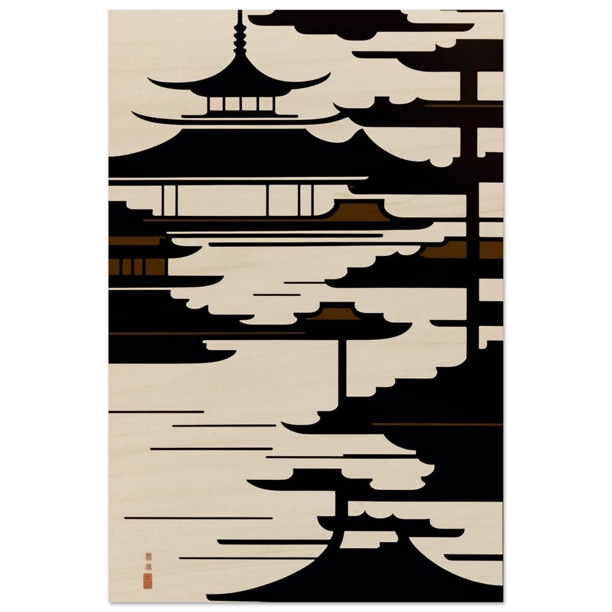 Temple in the Mist | Minimalist Japanese - inspired Wall art Print - Wood Prints - 40x60 cm / 16x24″ -