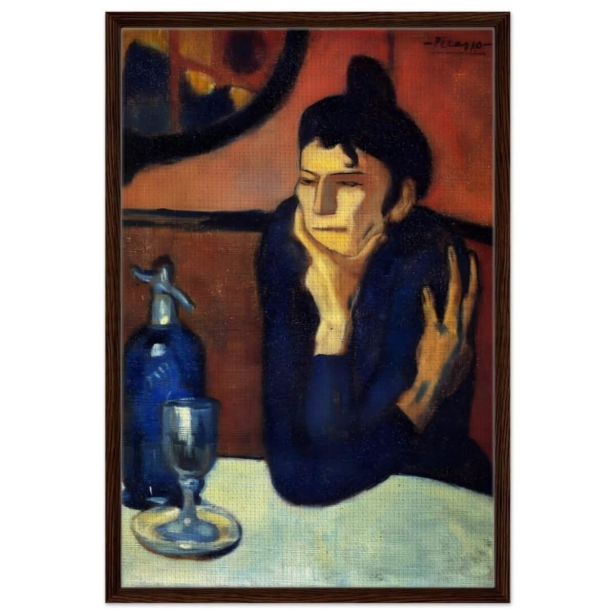 The Absinthe Drinker by Pablo Picasso | Vintage wall art print | Blue Period - Framed Canvas - 60x90 cm / 24x36″ - Dark wood frame