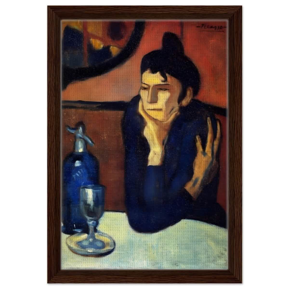 The Absinthe Drinker by Pablo Picasso | Vintage wall art print | Blue Period - Framed Canvas - 30x45 cm / 12x18″ - Dark wood frame