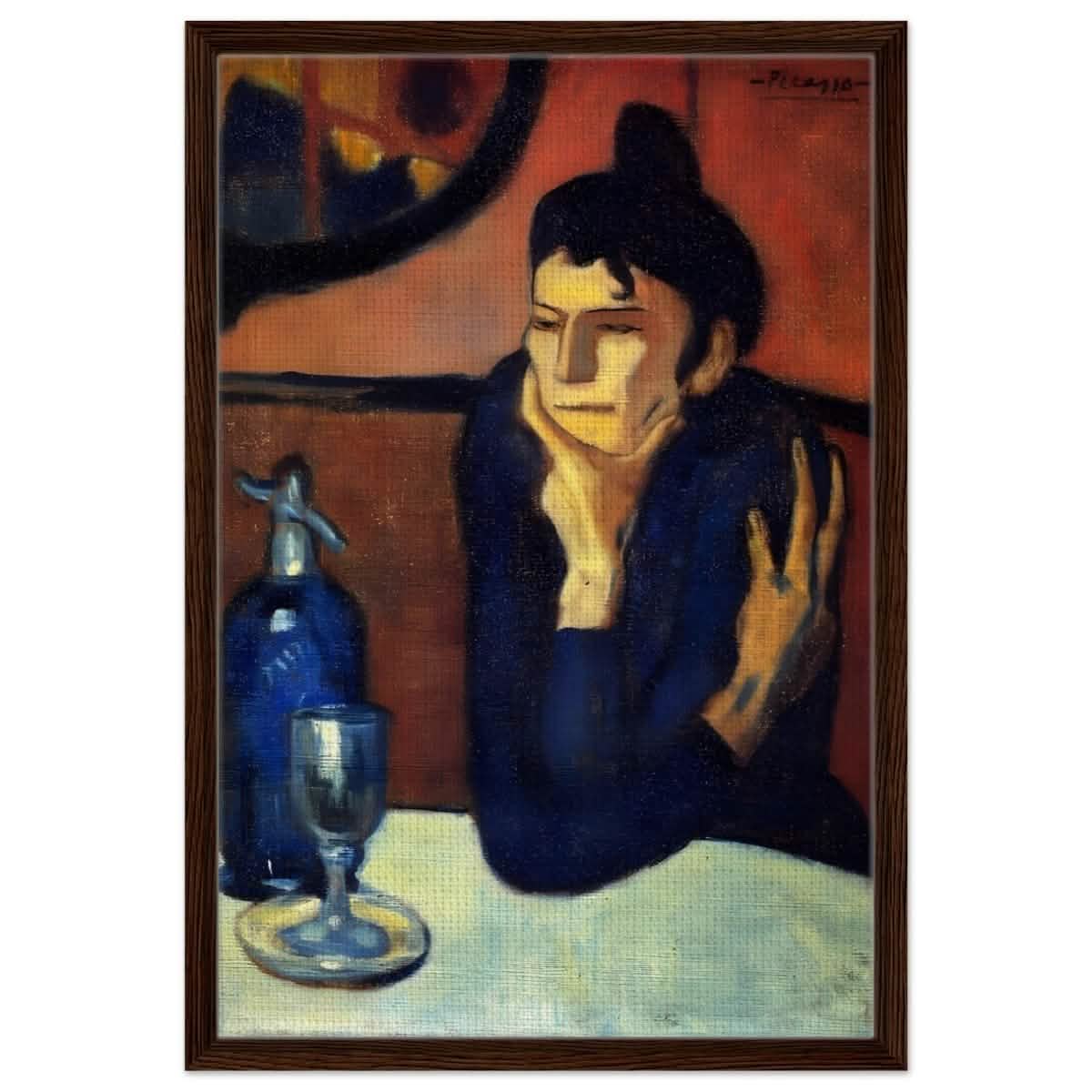 The Absinthe Drinker by Pablo Picasso | Vintage wall art print | Blue Period - Framed Canvas - 50x75 cm / 20x30″ - Dark wood frame