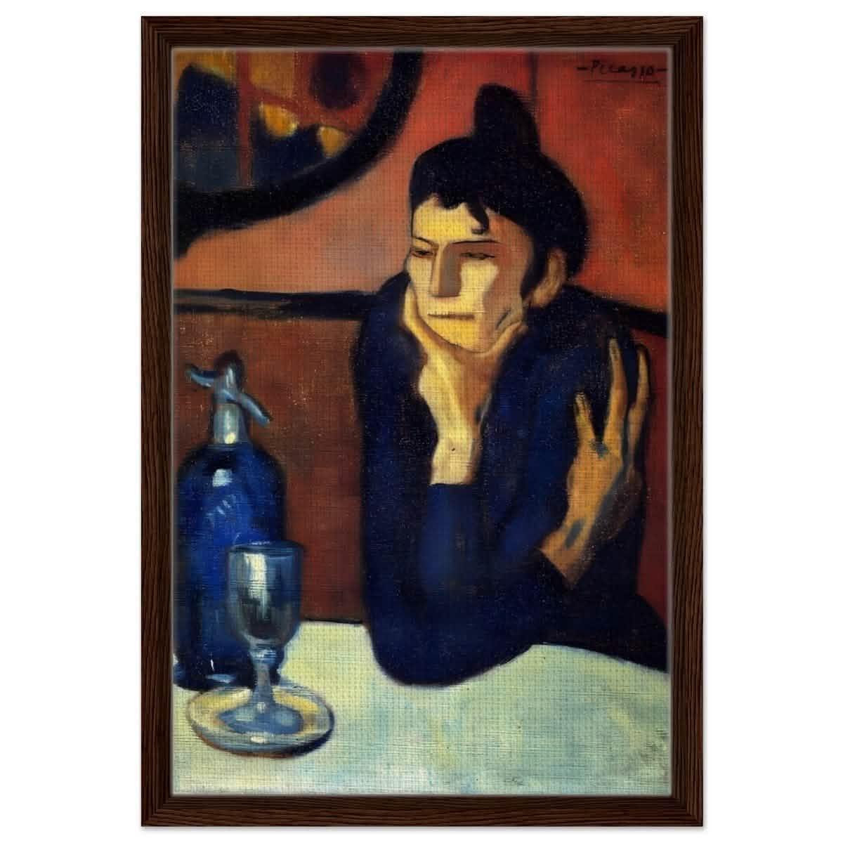 The Absinthe Drinker by Pablo Picasso | Vintage wall art print | Blue Period - Framed Canvas - 40x60 cm / 16x24″ - Dark wood frame