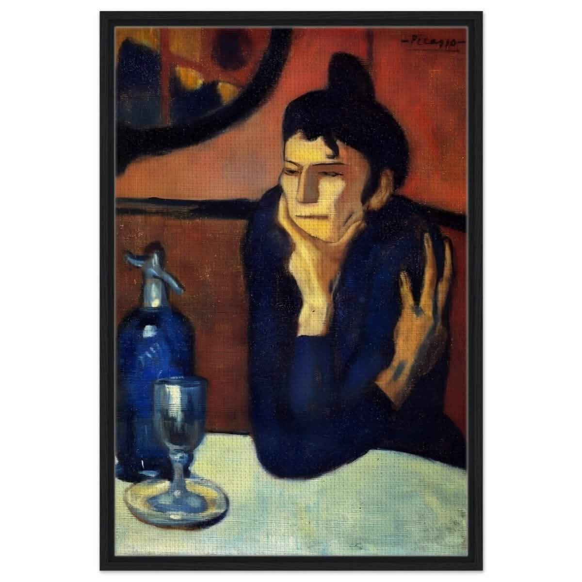 The Absinthe Drinker by Pablo Picasso | Vintage wall art print | Blue Period - Framed Canvas - 60x90 cm / 24x36″ - Black frame