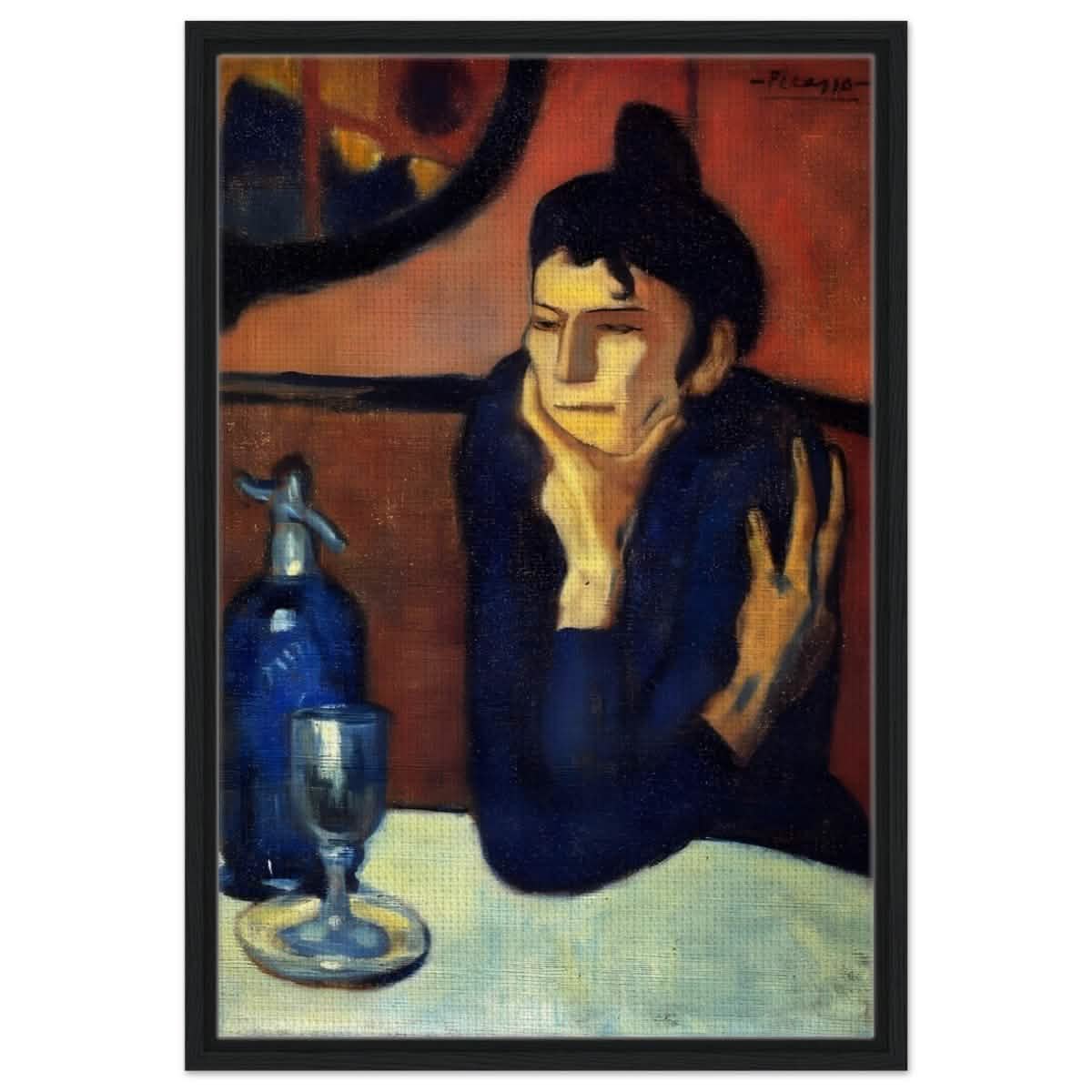 The Absinthe Drinker by Pablo Picasso | Vintage wall art print | Blue Period - Framed Canvas - 50x75 cm / 20x30″ - Black frame