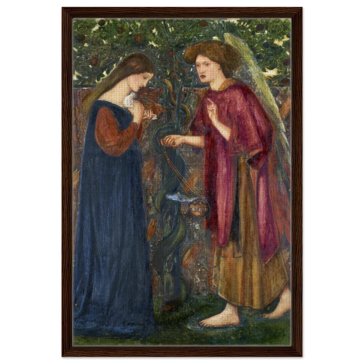 The Annunciation by Sir Edward Burne–Jones | A Masterpiece of Pre - Raphaelite Art | wall Art Print - Framed Canvas - 50x75 cm / 20x30″ - Dark wood frame