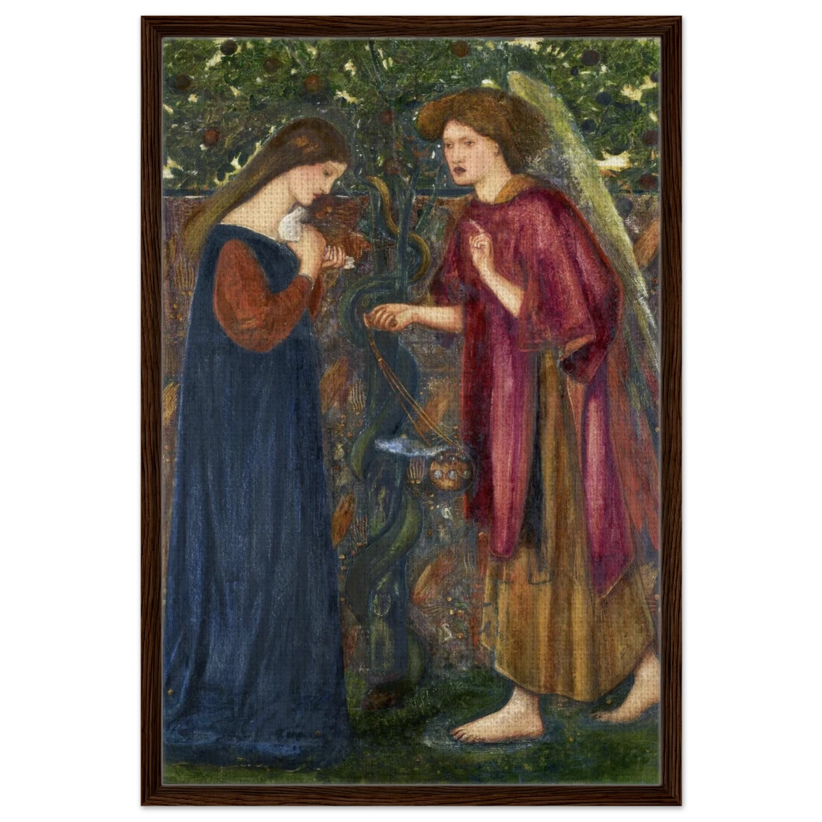 The Annunciation by Sir Edward Burne–Jones | A Masterpiece of Pre - Raphaelite Art | wall Art Print - Framed Canvas - 60x90 cm / 24x36″ - Dark wood frame