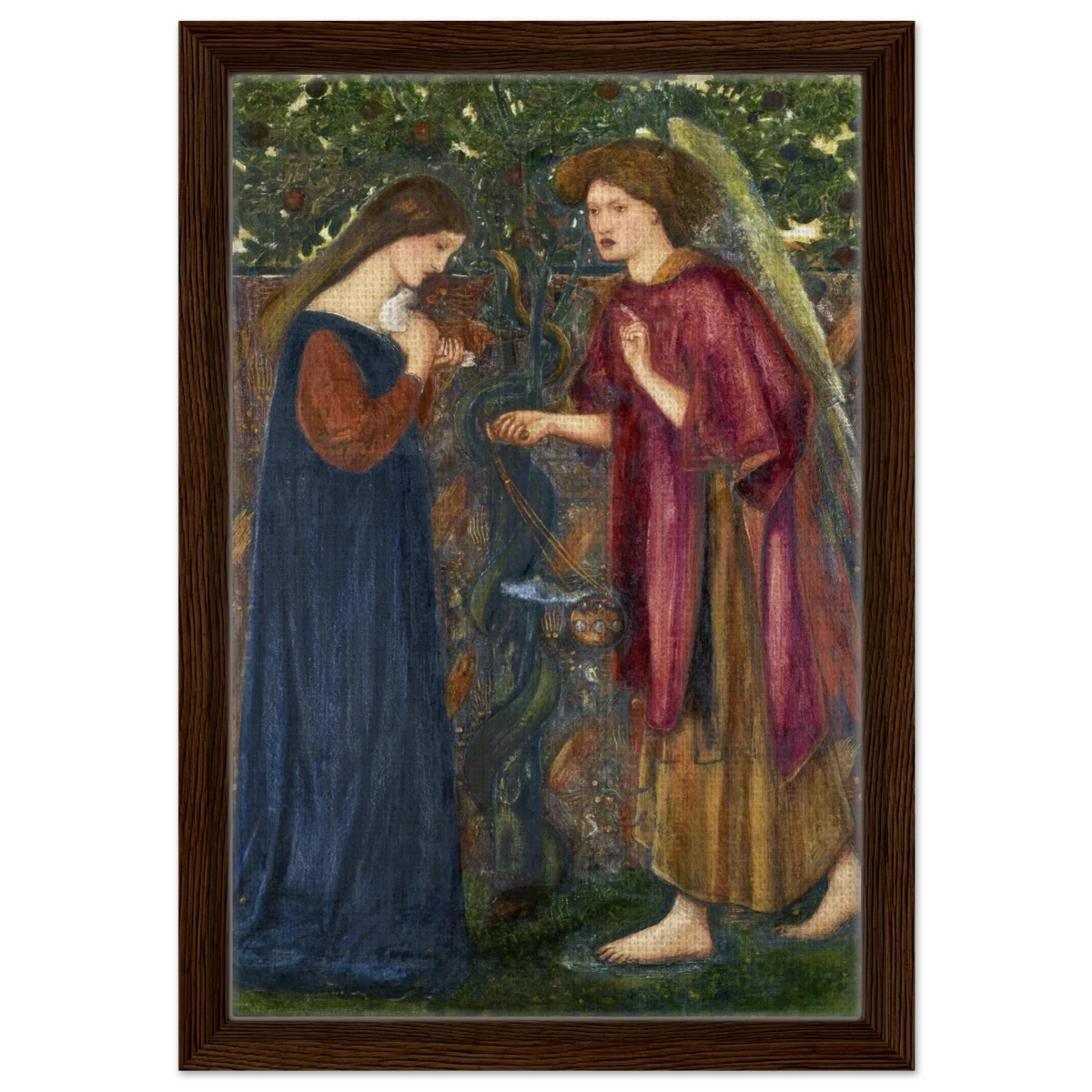 The Annunciation by Sir Edward Burne–Jones | A Masterpiece of Pre - Raphaelite Art | wall Art Print - Framed Canvas - 30x45 cm / 12x18″ - Dark wood frame