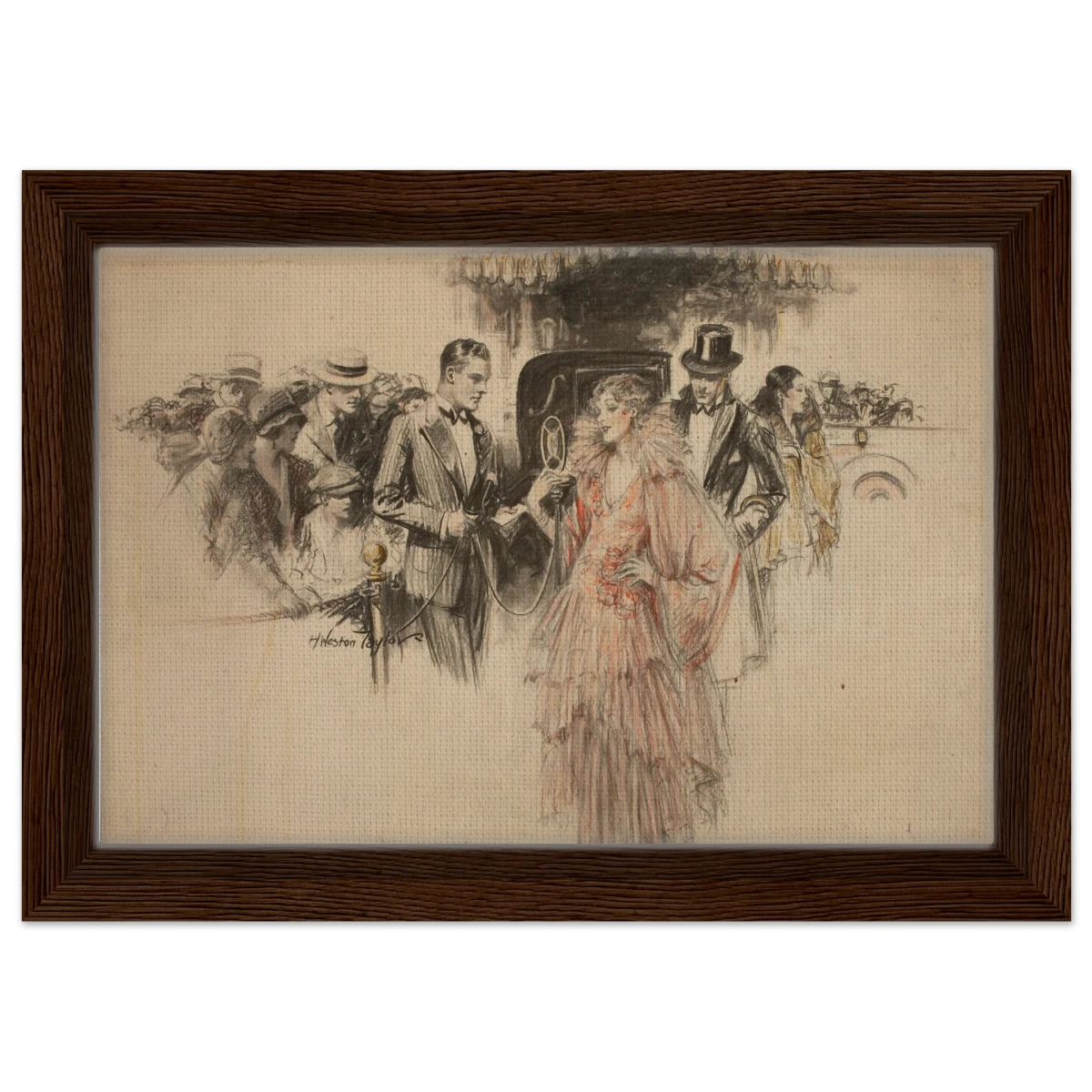 "The Arrival" – Gilded Age Fashion & Society by H. Weston Taylor | Vintage Illustration Wall Art Print - Framed Canvas - 20x30 cm / 8x12″ - Dark wood frame