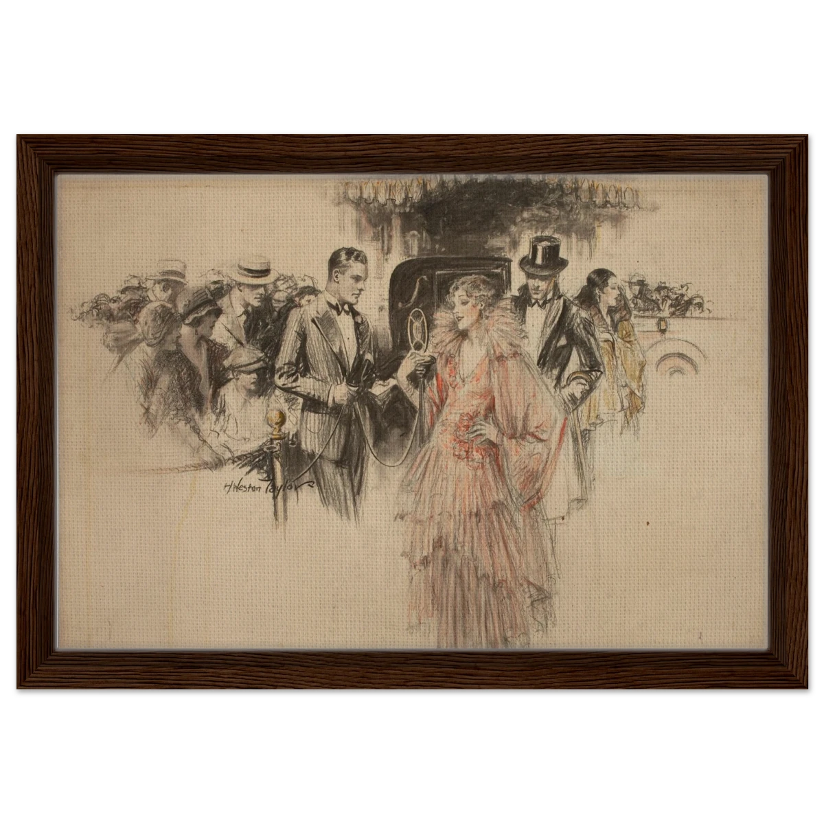 "The Arrival" – Gilded Age Fashion & Society by H. Weston Taylor | Vintage Illustration Wall Art Print - Framed Canvas - 30x45 cm / 12x18″ - Dark wood frame
