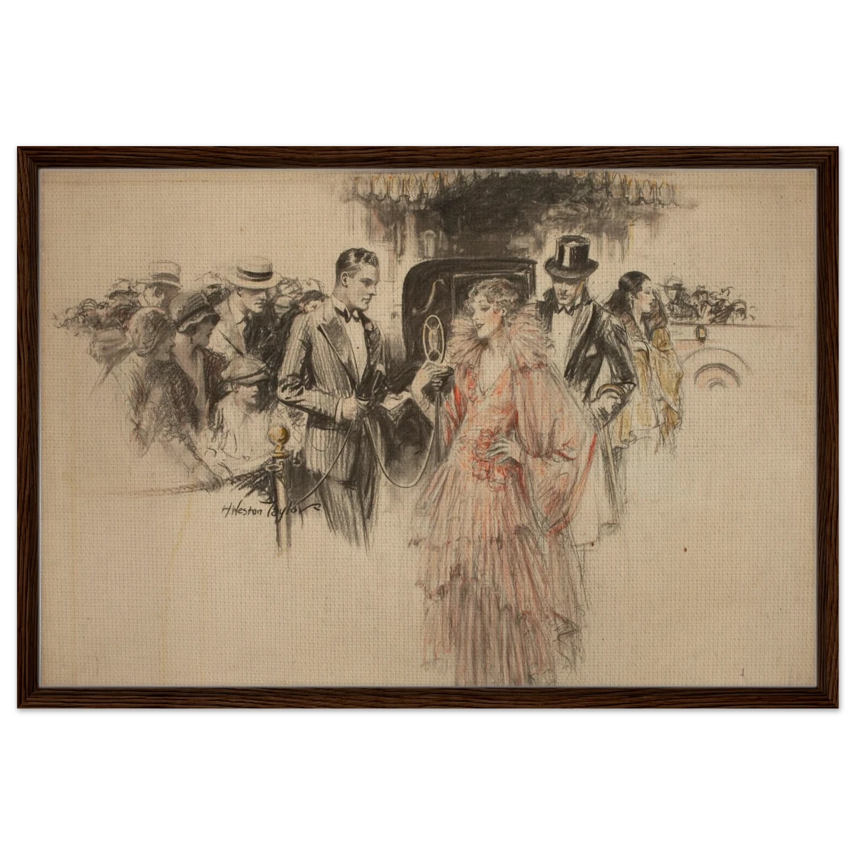 "The Arrival" – Gilded Age Fashion & Society by H. Weston Taylor | Vintage Illustration Wall Art Print - Framed Canvas - 60x90 cm / 24x36″ - Dark wood frame