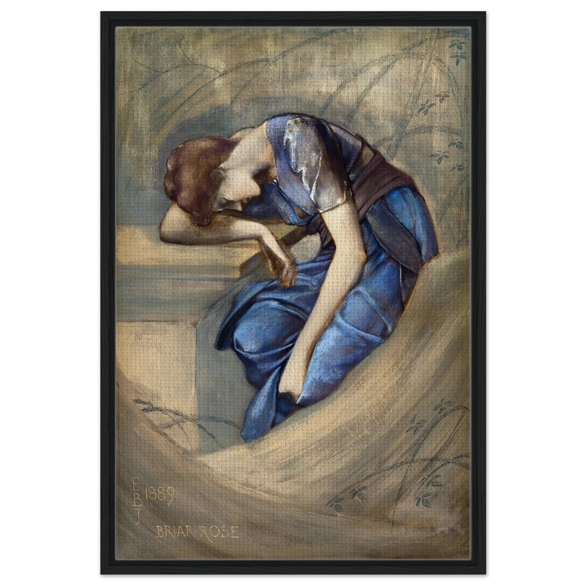 The Briar Rose Series – Study for The Garden Court (1889) by Sir Edward Burne - Jones | Wall art Print - Framed Canvas - 60x90 cm / 24x36″ - Black frame