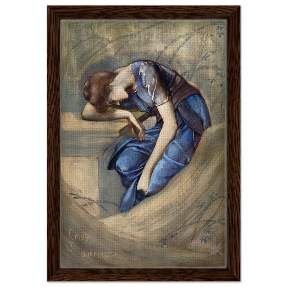 The Briar Rose Series – Study for The Garden Court (1889) by Sir Edward Burne - Jones | Wall art Print - Framed Canvas - 30x45 cm / 12x18″ - Dark wood frame