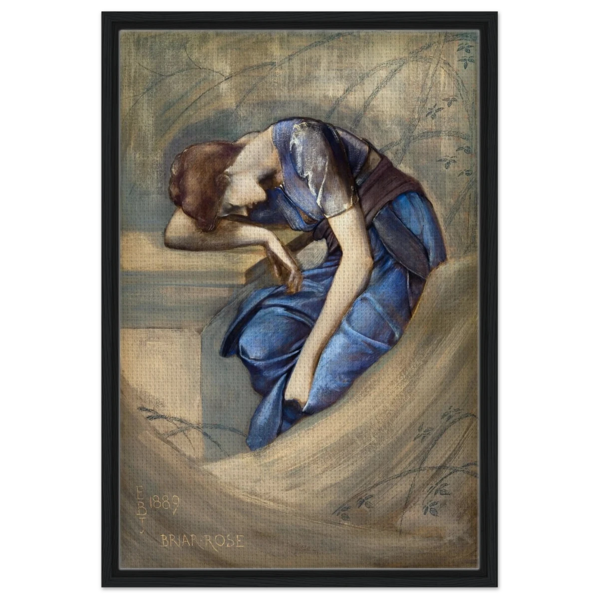 The Briar Rose Series – Study for The Garden Court (1889) by Sir Edward Burne - Jones | Wall art Print - Framed Canvas - 50x75 cm / 20x30″ - Black frame