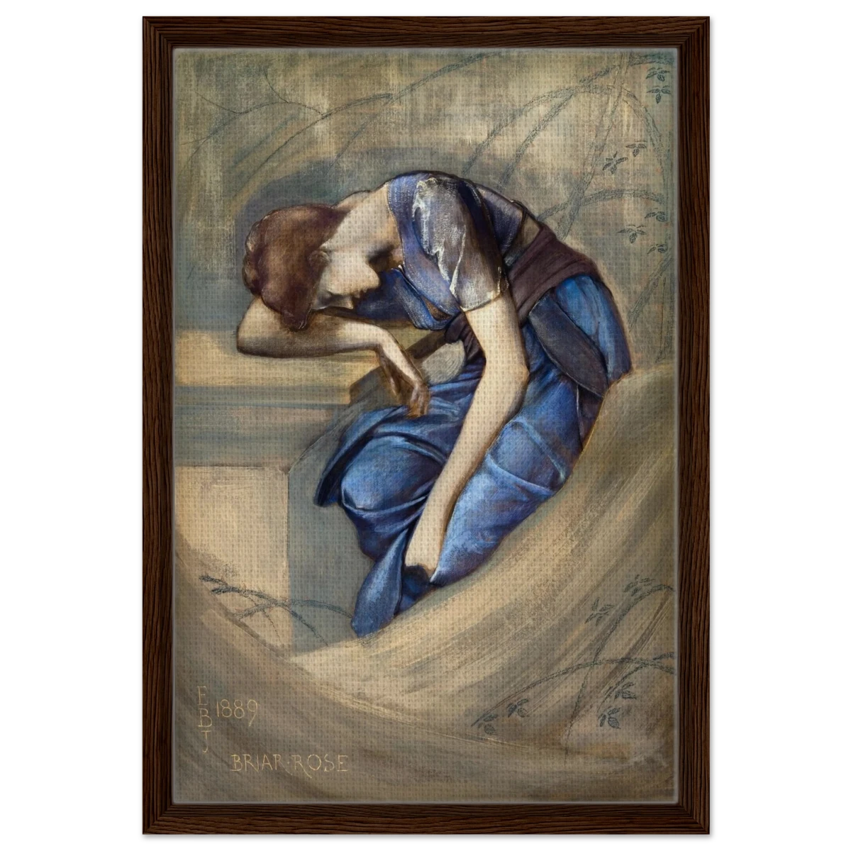 The Briar Rose Series – Study for The Garden Court (1889) by Sir Edward Burne - Jones | Wall art Print - Framed Canvas - 40x60 cm / 16x24″ - Dark wood frame