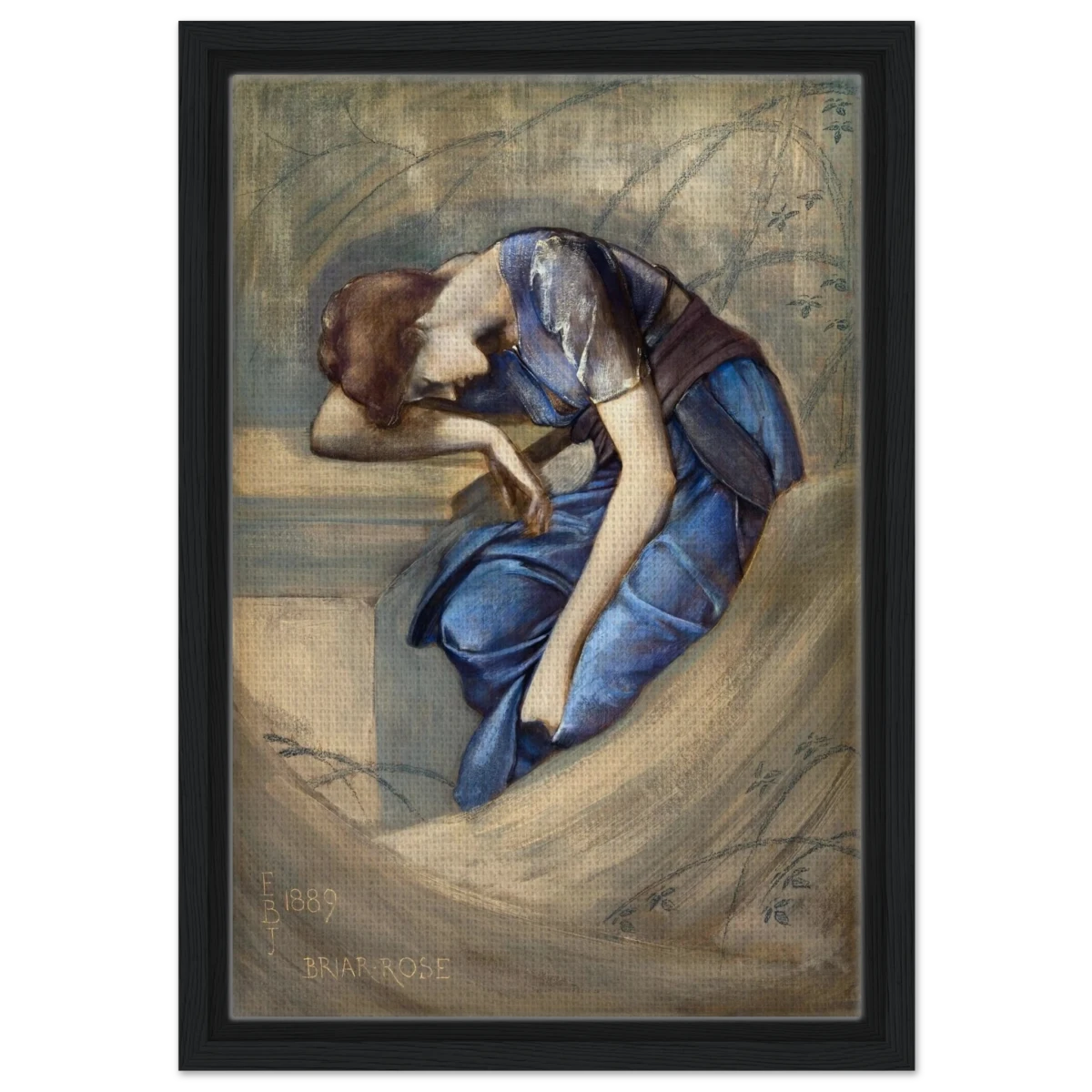 The Briar Rose Series – Study for The Garden Court (1889) by Sir Edward Burne - Jones | Wall art Print - Framed Canvas - 30x45 cm / 12x18″ - Black frame