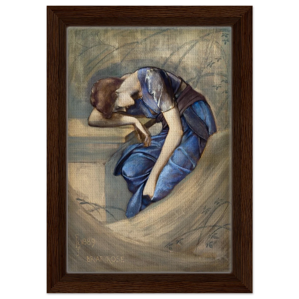 The Briar Rose Series – Study for The Garden Court (1889) by Sir Edward Burne - Jones | Wall art Print - Framed Canvas - 20x30 cm / 8x12″ - Dark wood frame