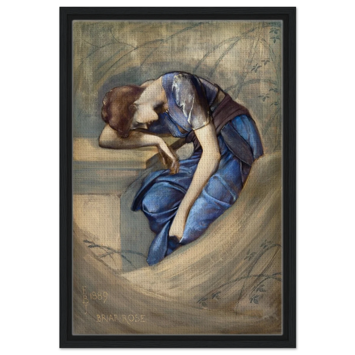 The Briar Rose Series – Study for The Garden Court (1889) by Sir Edward Burne - Jones | Wall art Print - Framed Canvas - 40x60 cm / 16x24″ - Black frame