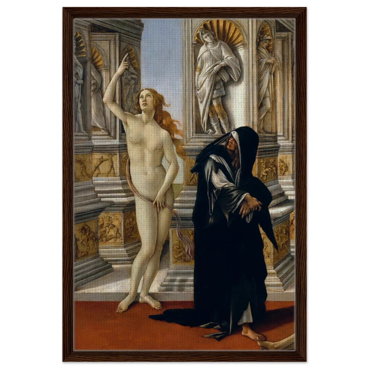 The Calumny of Apelles by Sandro Botticelli | Vintage art Wall art print - 50x75 cm / 20x30″ - Framed Canvas - Dark wood frame