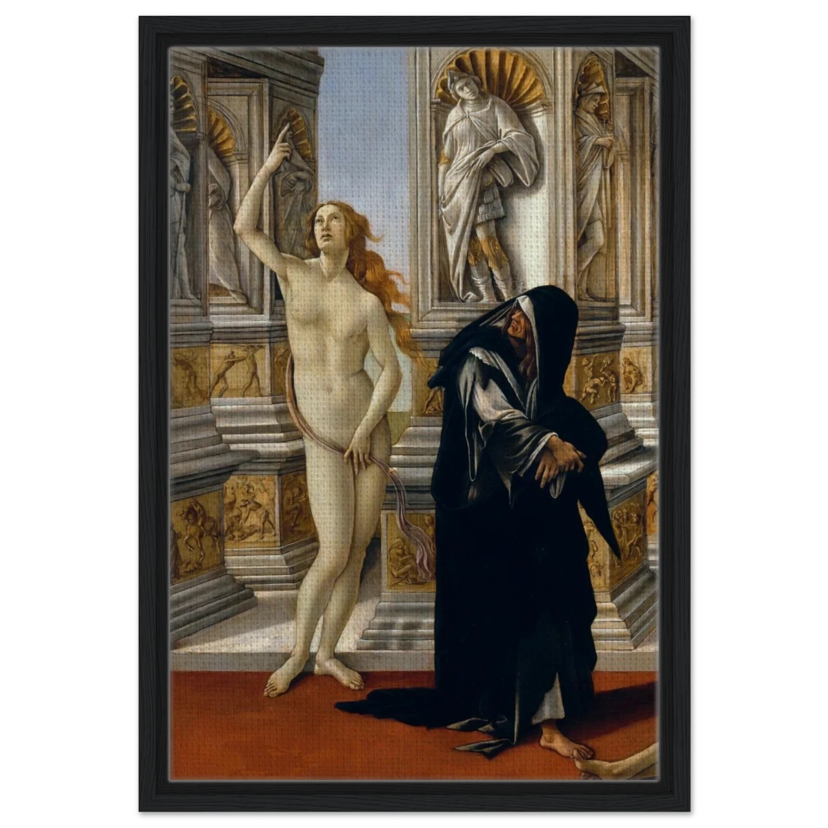The Calumny of Apelles by Sandro Botticelli | Vintage art Wall art print - 40x60 cm / 16x24″ - Framed Canvas - Black frame