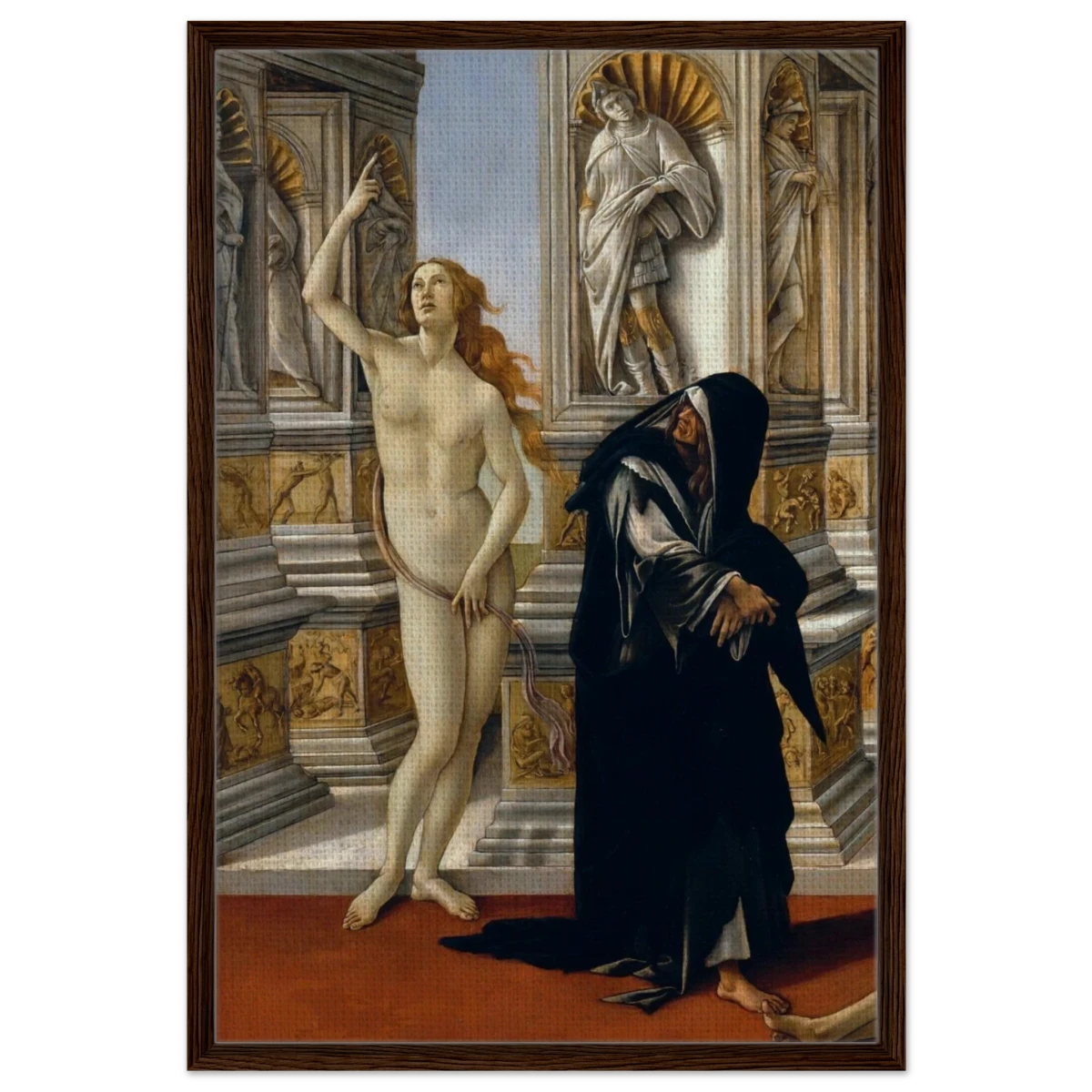 The Calumny of Apelles by Sandro Botticelli | Vintage art Wall art print - 60x90 cm / 24x36″ - Framed Canvas - Dark wood frame
