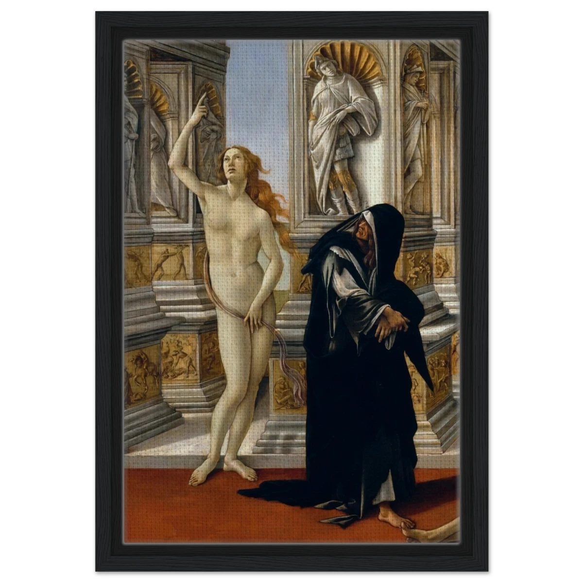 The Calumny of Apelles by Sandro Botticelli | Vintage art Wall art print - 30x45 cm / 12x18″ - Framed Canvas - Black frame