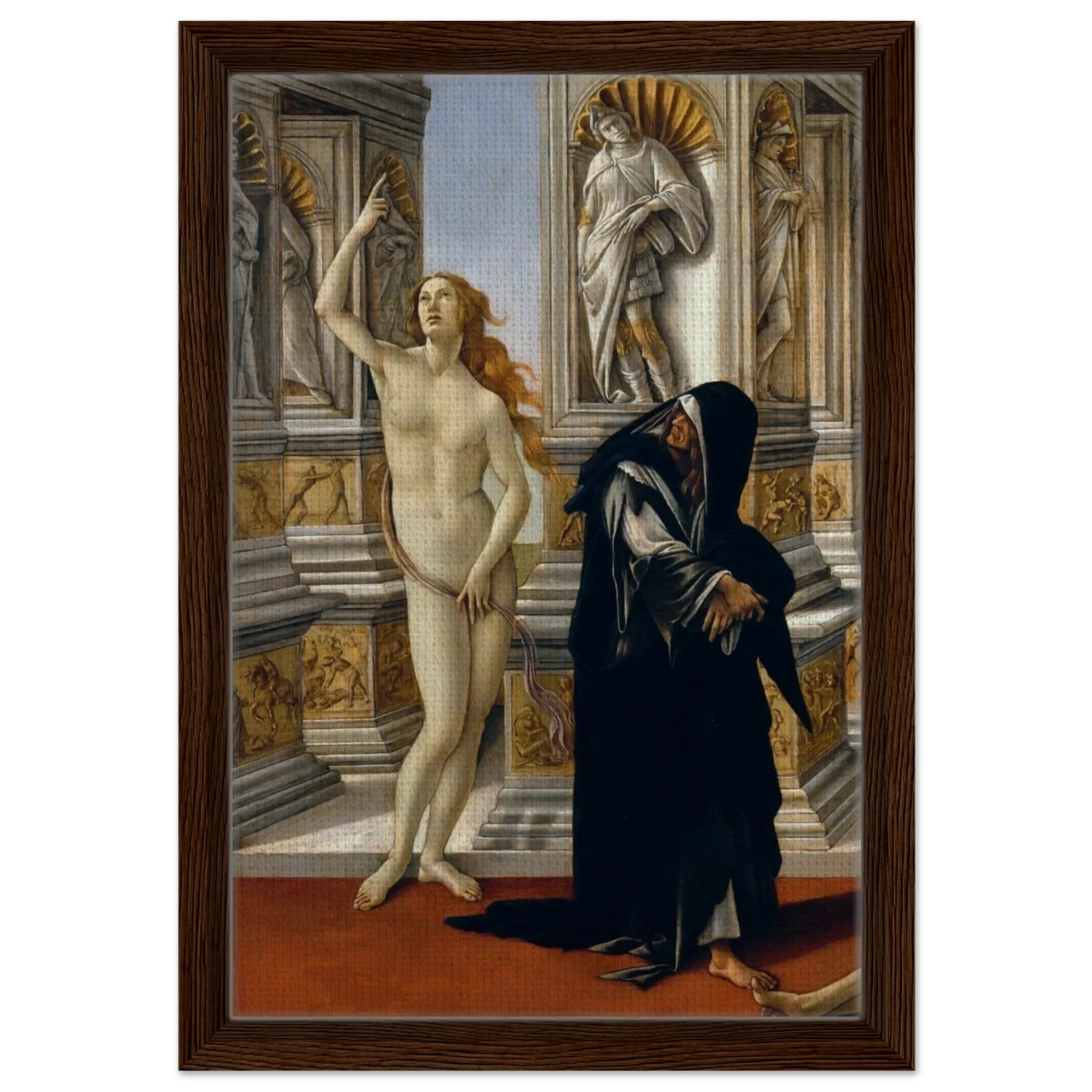 The Calumny of Apelles by Sandro Botticelli | Vintage art Wall art print - 30x45 cm / 12x18″ - Framed Canvas - Dark wood frame