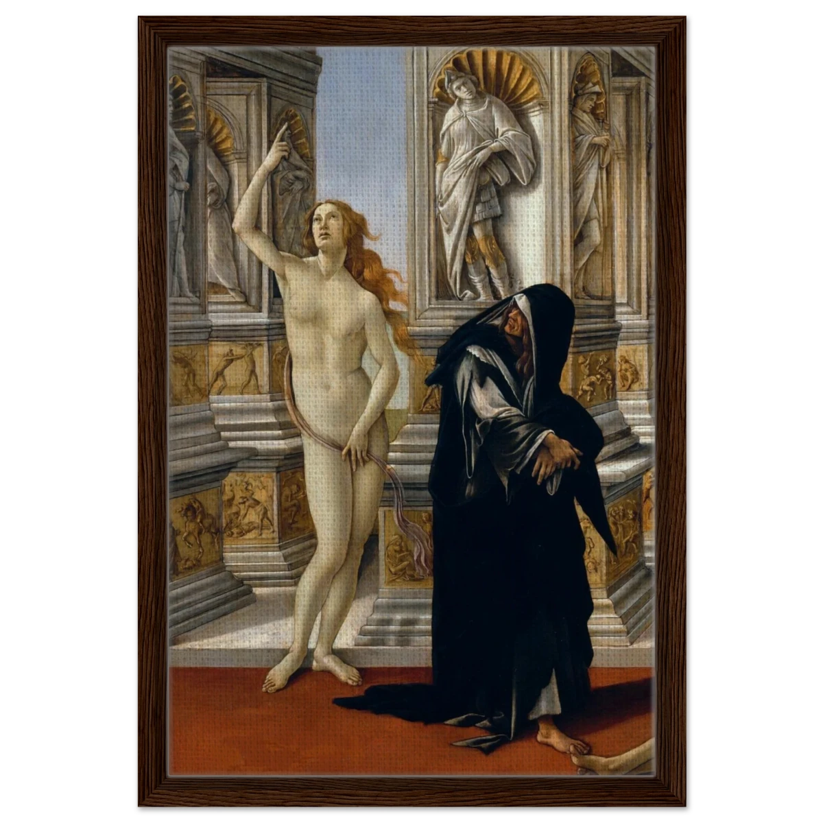 The Calumny of Apelles by Sandro Botticelli | Vintage art Wall art print - 40x60 cm / 16x24″ - Framed Canvas - Dark wood frame