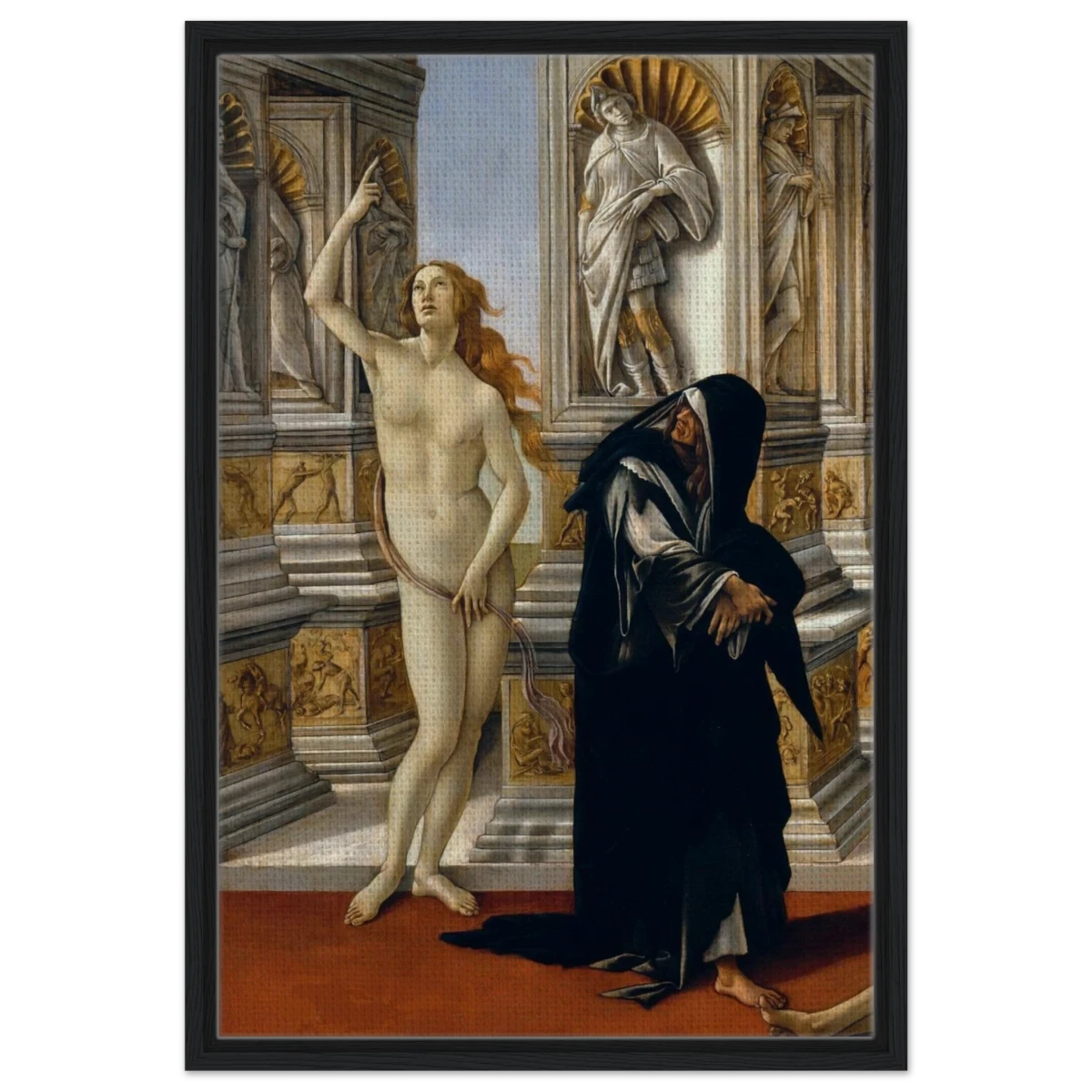 The Calumny of Apelles by Sandro Botticelli | Vintage art Wall art print - 50x75 cm / 20x30″ - Framed Canvas - Black frame