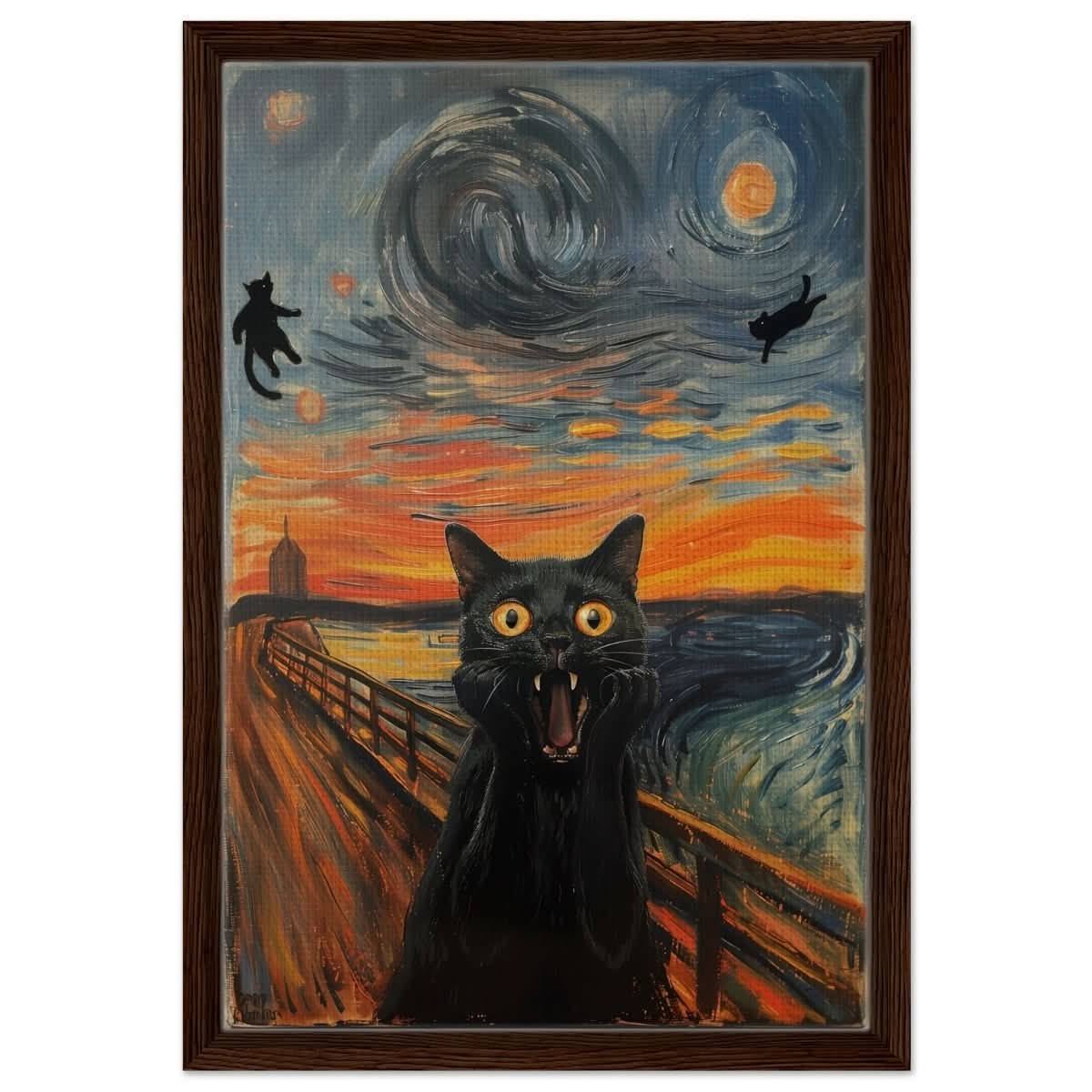 The Cat's Scream: A Whimsical Twist on Classic Art | wall art print - Framed Canvas - 40x60 cm / 16x24″ - Dark wood frame