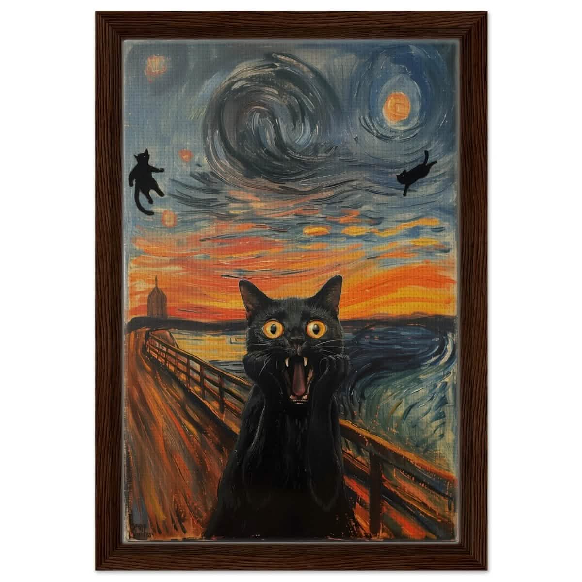 The Cat's Scream: A Whimsical Twist on Classic Art | wall art print - Framed Canvas - 30x45 cm / 12x18″ - Dark wood frame