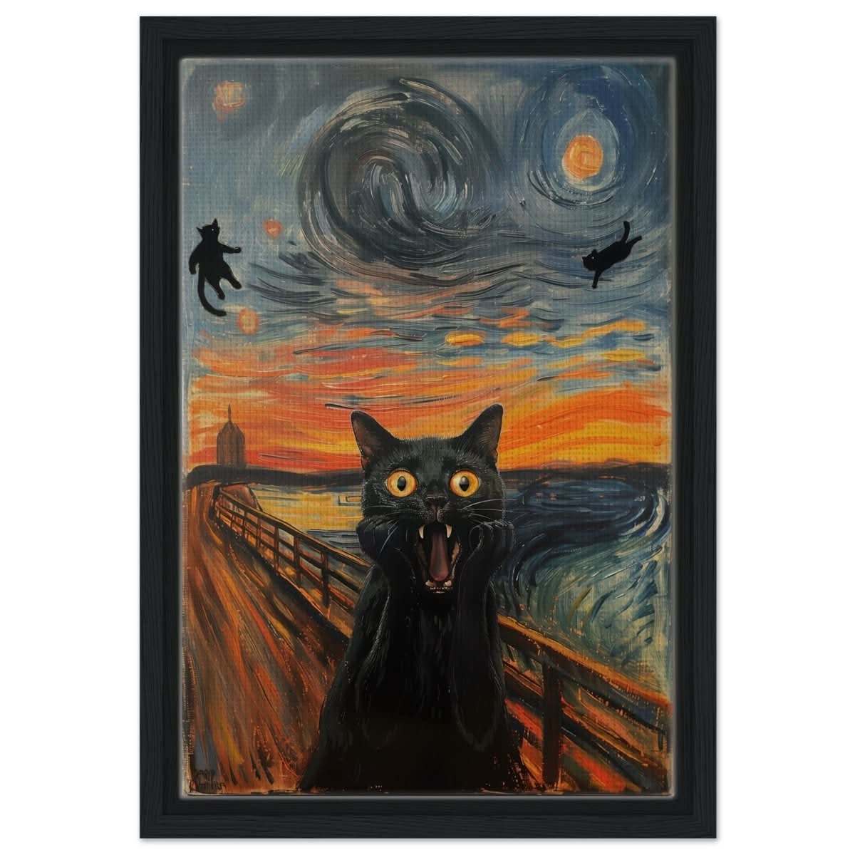 The Cat's Scream: A Whimsical Twist on Classic Art | wall art print - Framed Canvas - 30x45 cm / 12x18″ - Black frame