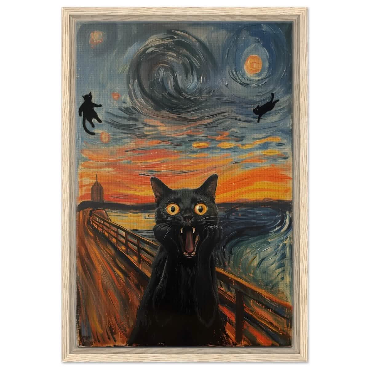 The Cat's Scream: A Whimsical Twist on Classic Art | wall art print - Framed Canvas - 40x60 cm / 16x24″ - Wood frame