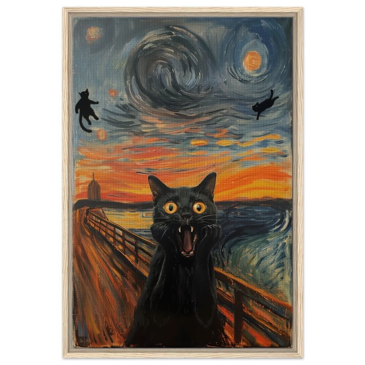 The Cat's Scream: A Whimsical Twist on Classic Art | wall art print - Framed Canvas - 60x90 cm / 24x36″ - Wood frame