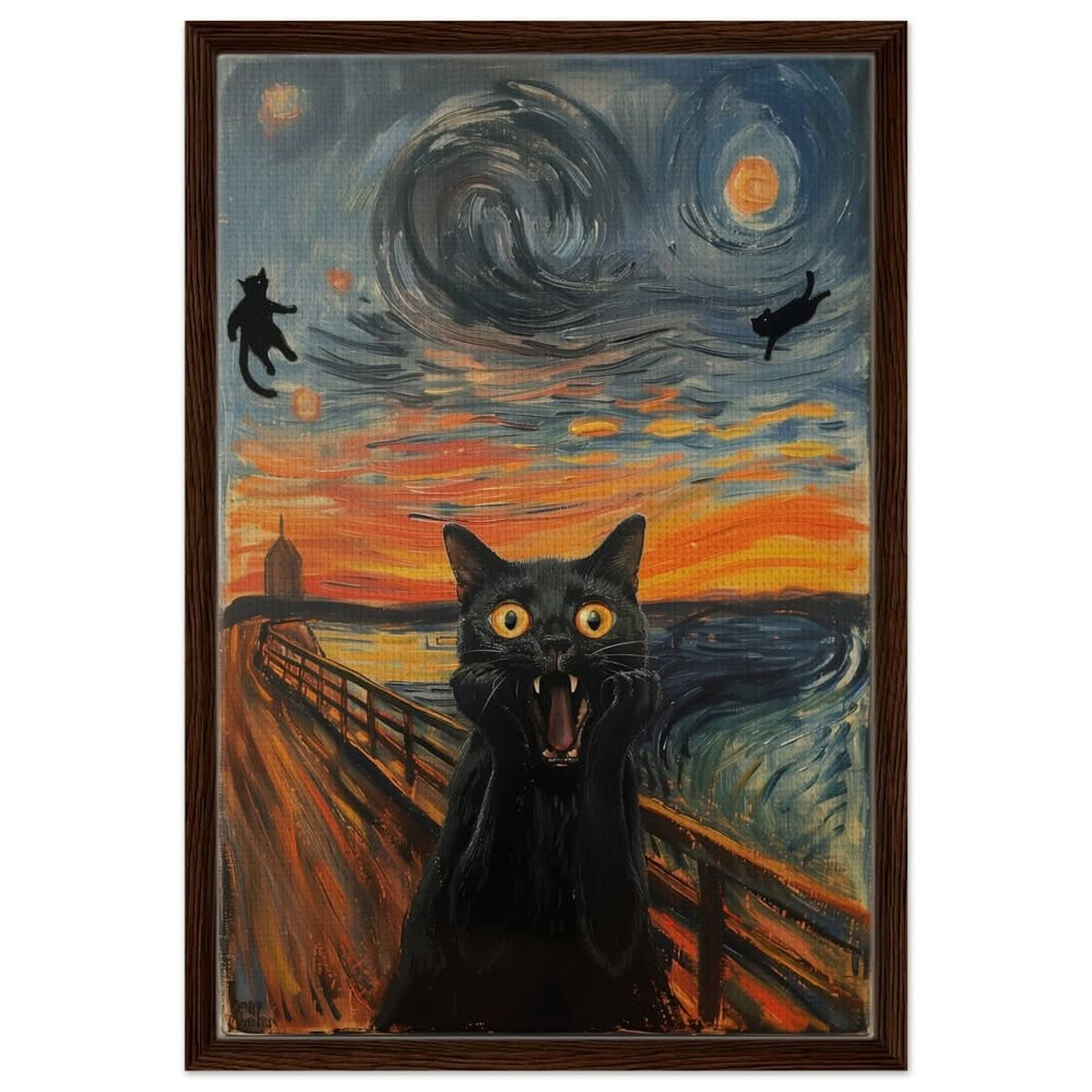 The Cat's Scream: A Whimsical Twist on Classic Art | wall art print - Framed Canvas - 50x75 cm / 20x30″ - Dark wood frame