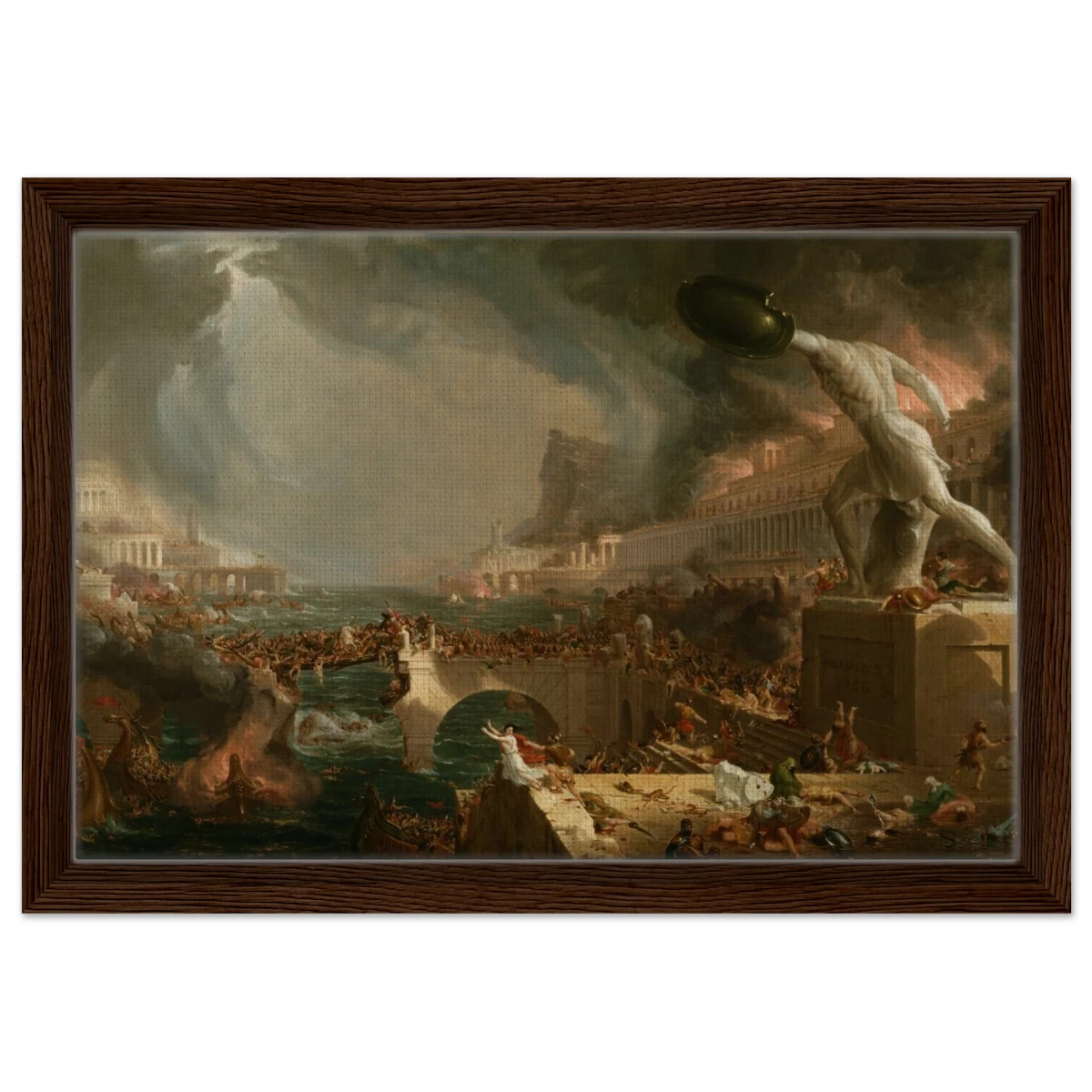 The Course of Empire – Destruction by Thomas Cole | Classic Historical Art Print - Framed Canvas - 30x45 cm / 12x18″ - Dark wood frame
