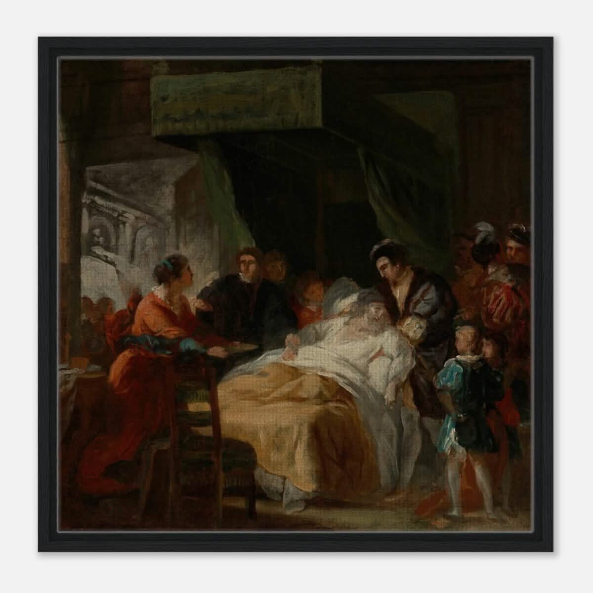 The Death of Leonardo da Vinci in the Arms of François by François - Guillaume Ménageot | Vintage wall art print - Framed Canvas - 60x60 cm / 24x24″ - Black frame