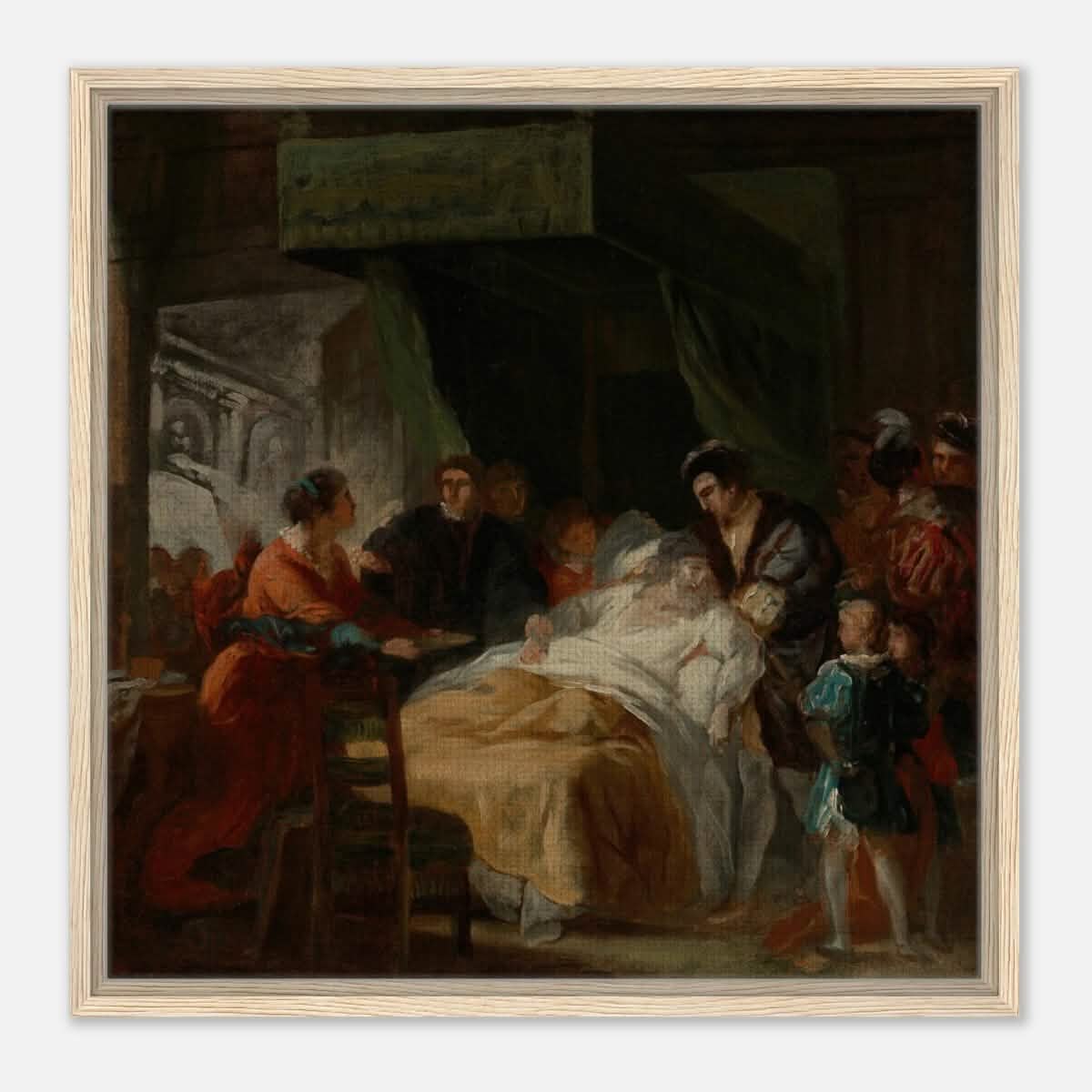 The Death of Leonardo da Vinci in the Arms of François by François - Guillaume Ménageot | Vintage wall art print - Framed Canvas - 60x60 cm / 24x24″ - Wood frame