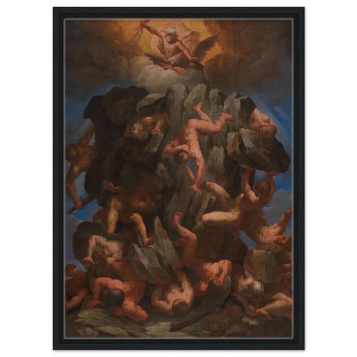 The Fall of the Giants by Guido Reni | Vintage wall art print - Framed Canvas - 50x70 cm / 20x28″ - Black frame